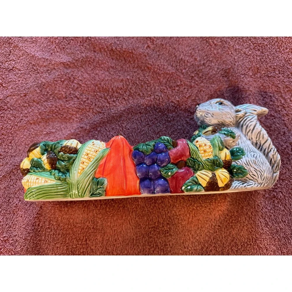 WCL Ceramic Squirrel Harvest Corn Cracker Tray‎ Fall Thanksgiving Decor 9.5 Inch